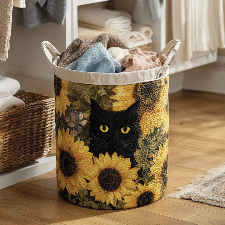 Black Cat and Sunflower quilted laundry basket