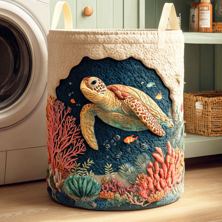 Coral Turtle quilted laundry basket