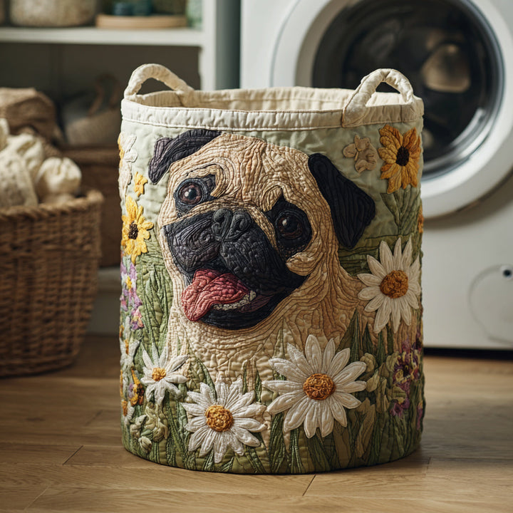 Pug Among the Daisies quilted laundry basket