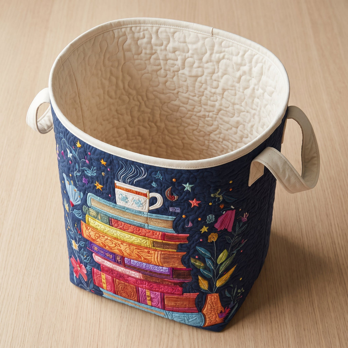 Quilted Laundry Basket - Dreamy Pages — open, showing the plain cream quilted lining