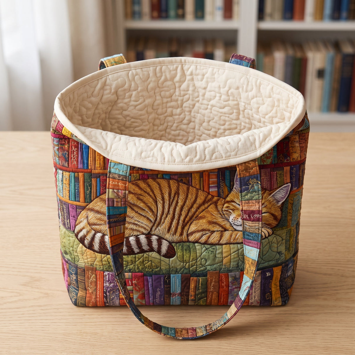 Bookish Cat Nap Quilted Tote Bag — open, showing the plain cream quilted lining