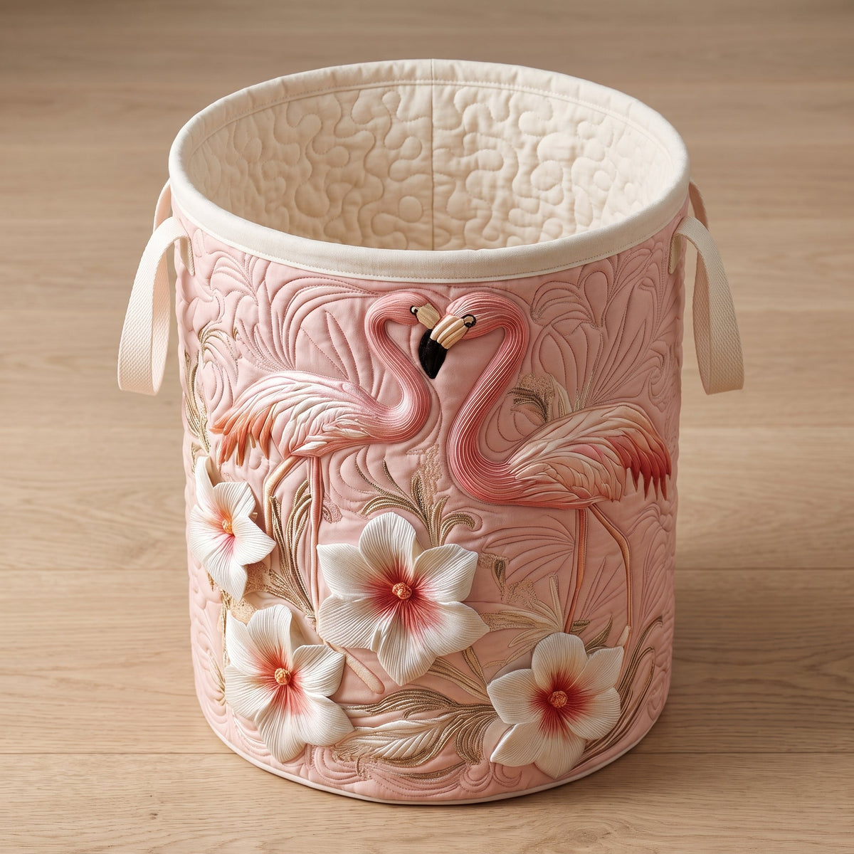 Quilted Laundry Basket - Floral Flamingo — open, showing the plain cream quilted lining