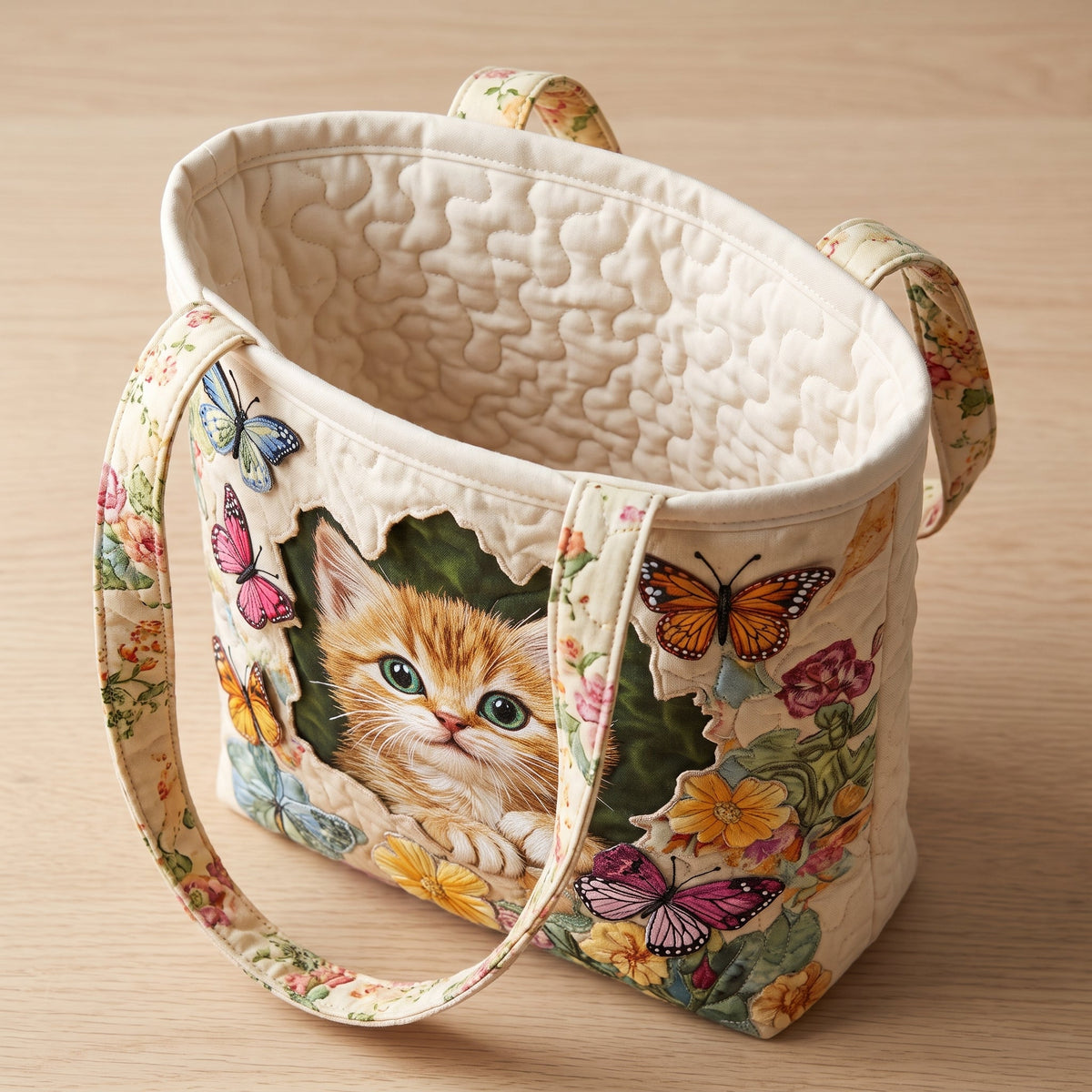 Butterfly Cat Quilted Tote Bag — open, showing the plain cream quilted lining