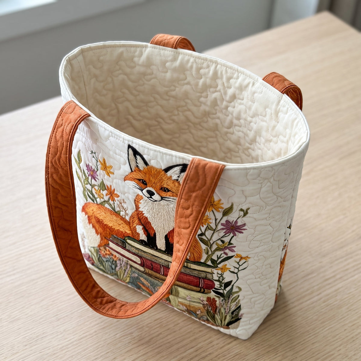 Bookish Fox Quilted Tote Bag — open, showing the plain cream quilted lining