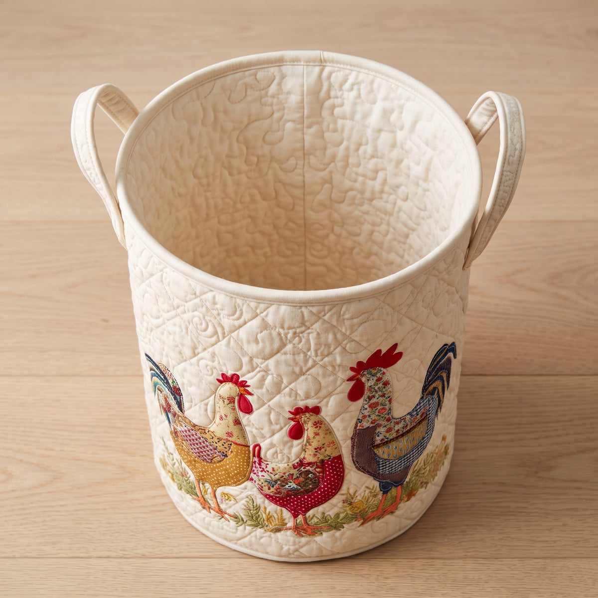 Quilted Laundry Basket - Cheerful Chicken Coop — open, showing the plain cream quilted lining