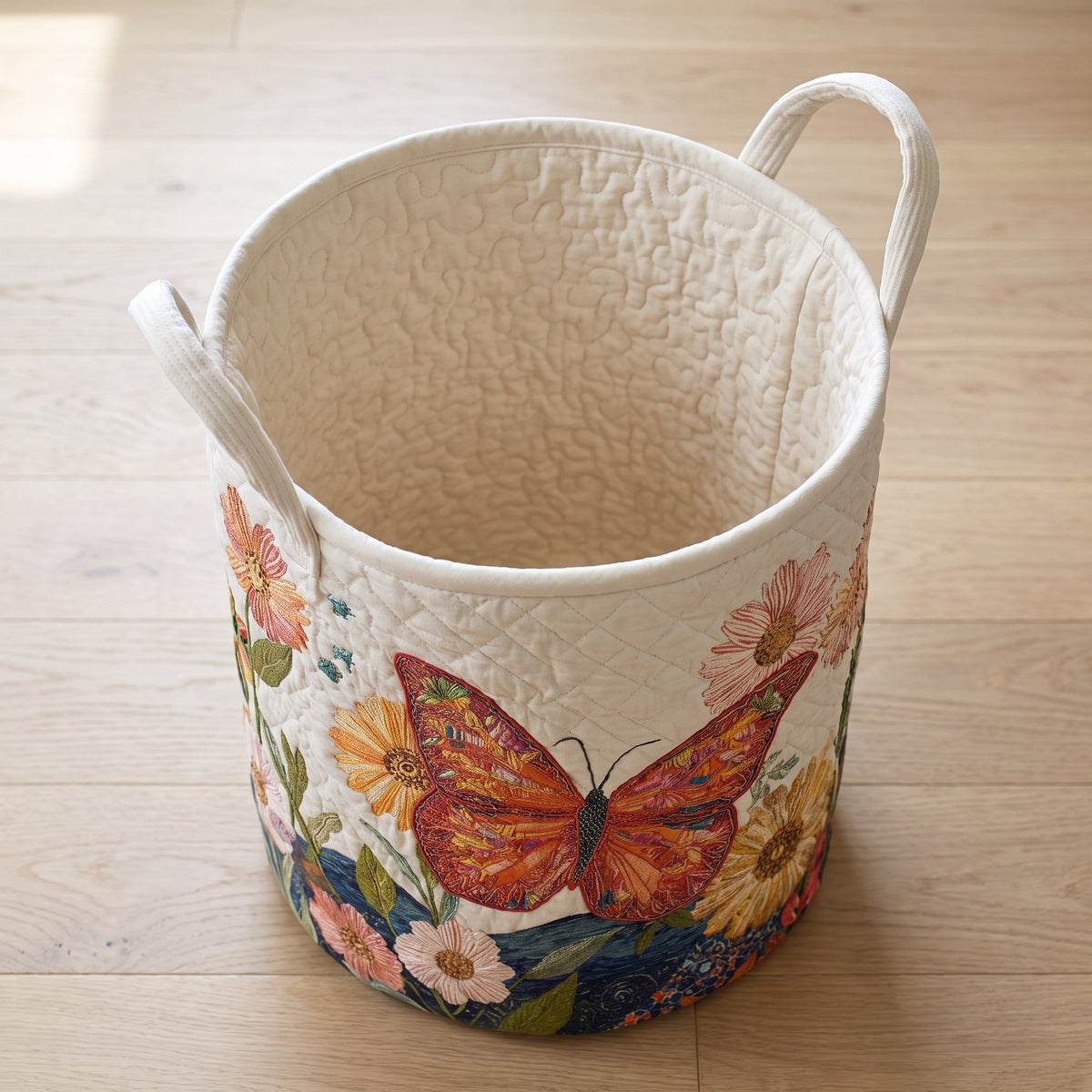 Quilted Laundry Basket - Colorful Beauty — open, showing the plain cream quilted lining