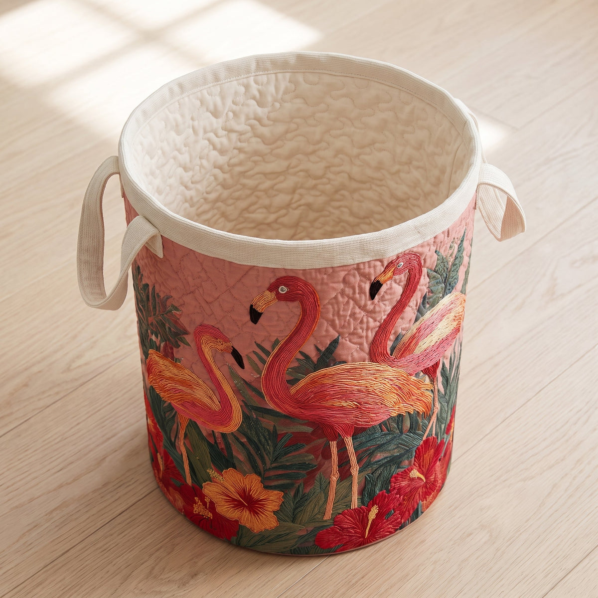 Quilted Laundry Basket - Flamingos in the Sun — open, showing the plain cream quilted lining