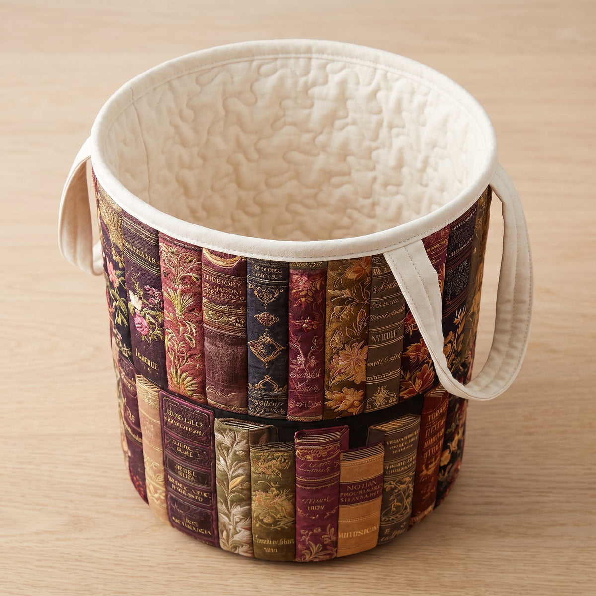 Quilted Laundry Basket - Literary Spirit — open, showing the plain cream quilted lining