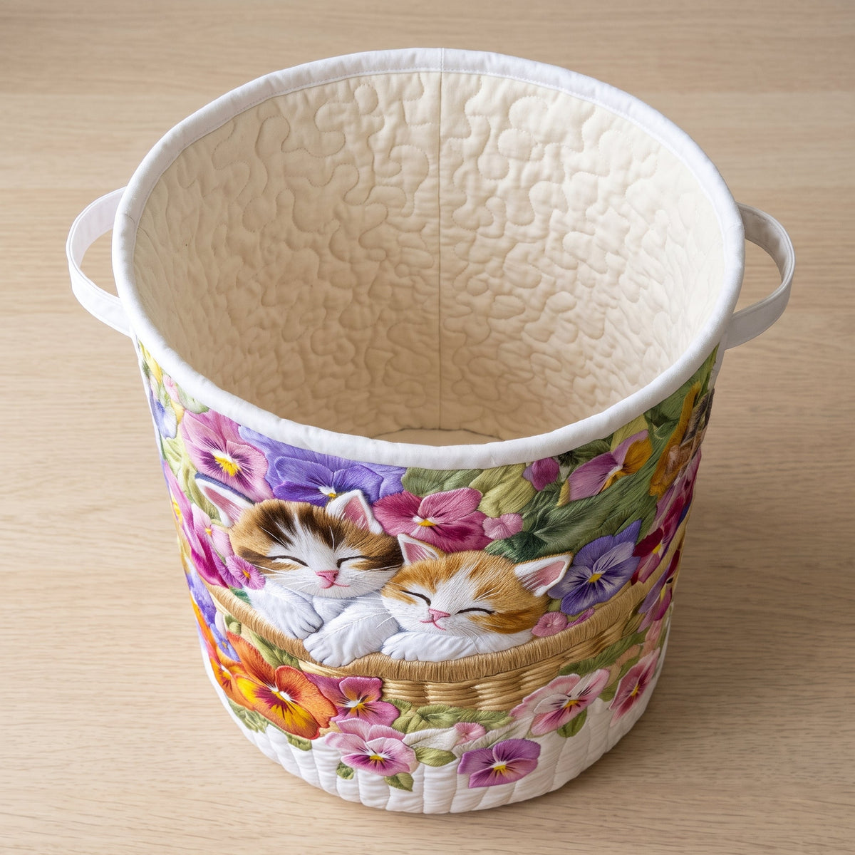 Quilted Laundry Basket - Feline Chaos — open, showing the plain cream quilted lining