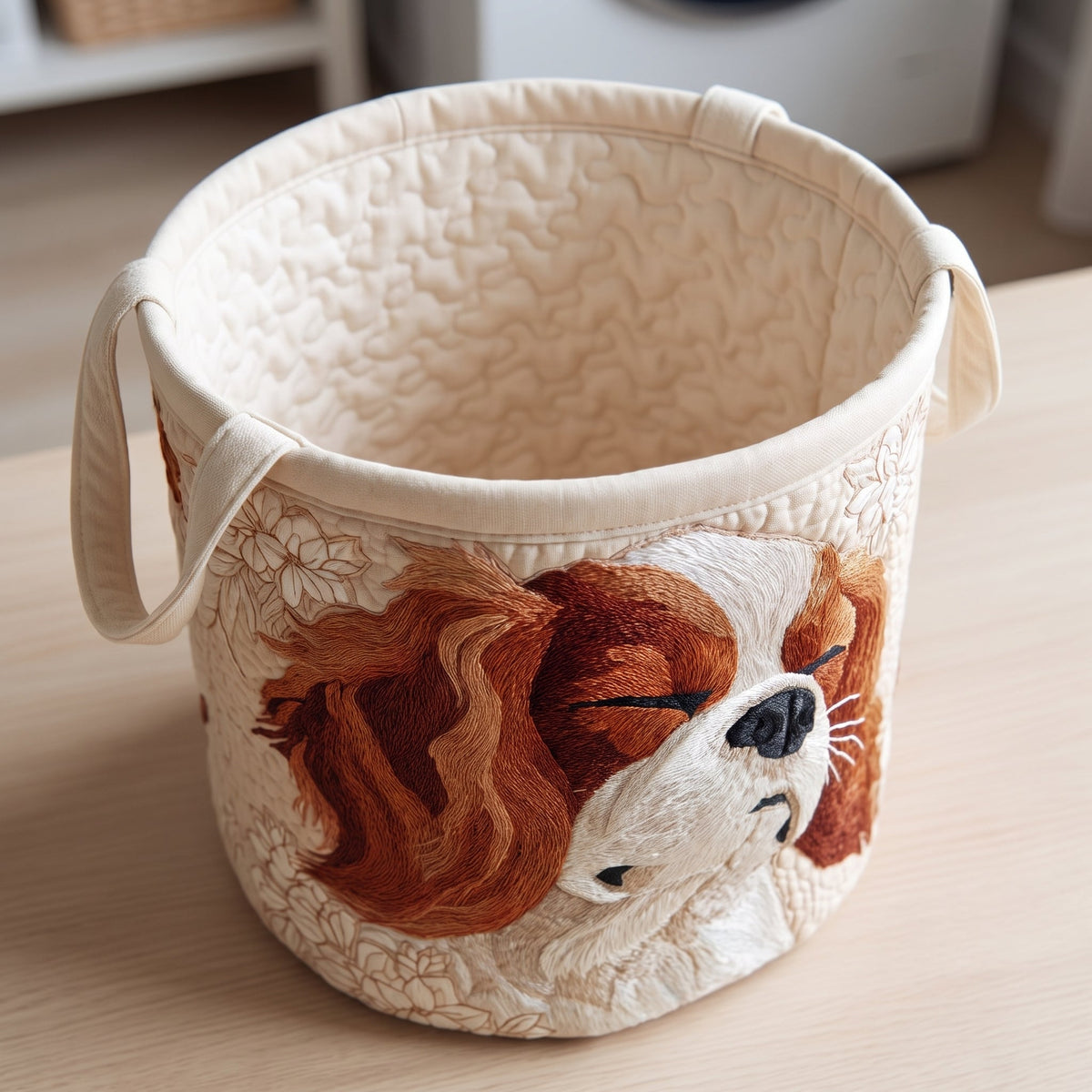 Quilted Laundry Basket - Cavalier King Charles — open, showing the plain cream quilted lining