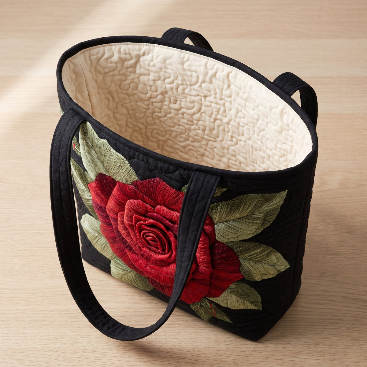 Elegant Rose Quilted Tote Bag — open, showing the plain cream quilted lining