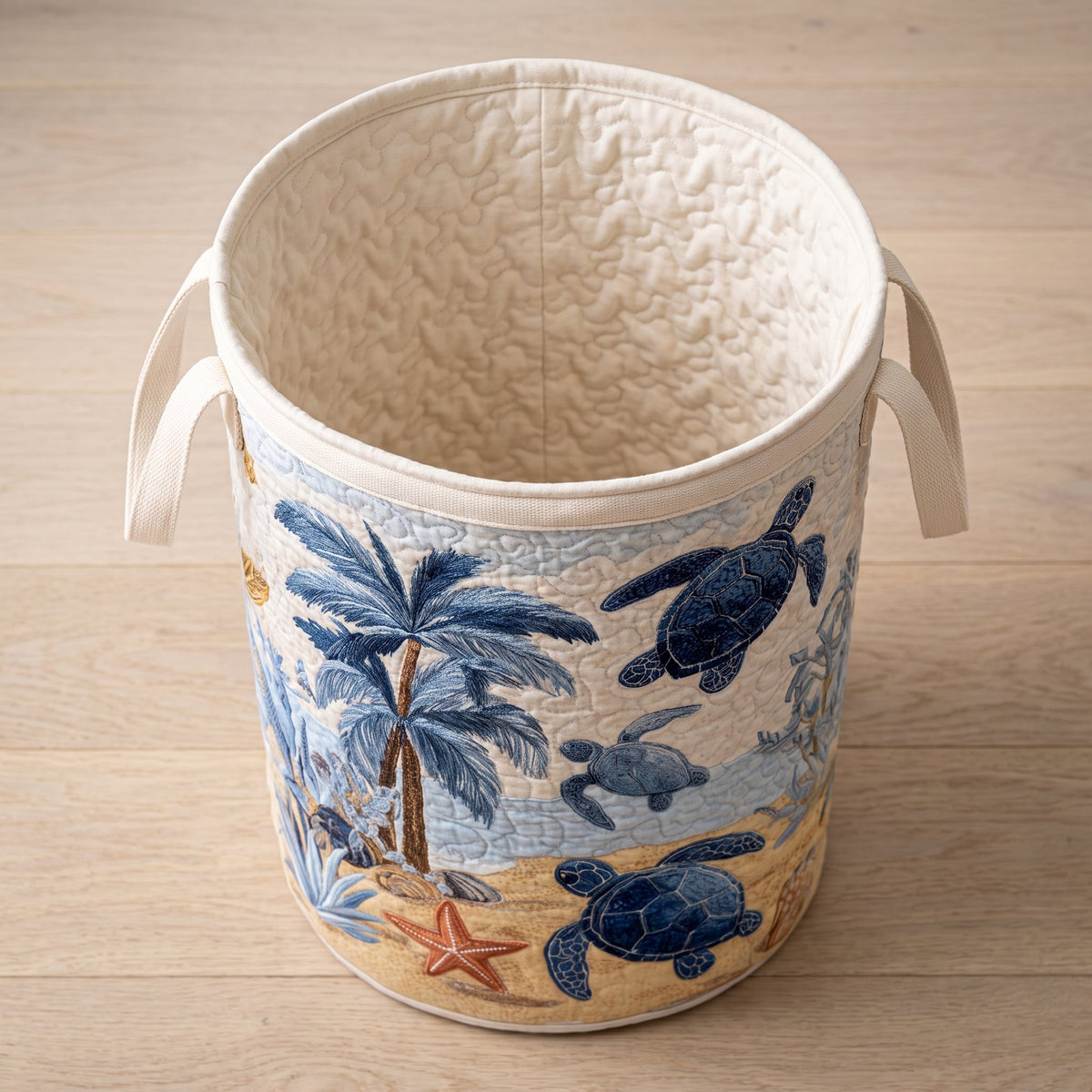 Quilted Laundry Basket - Sea Turtle — open, showing the plain cream quilted lining