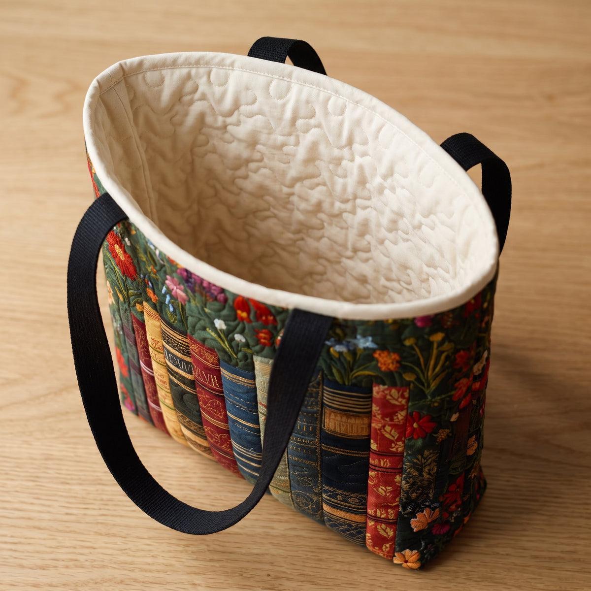Love Books Quilted Tote Bag — open, showing the plain cream quilted lining