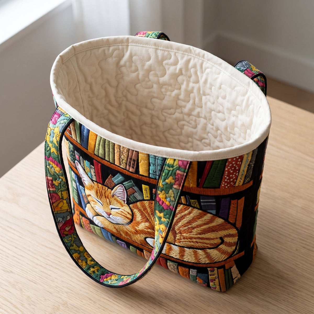 Cat Loves Books Quilted Tote Bag — open, showing the plain cream quilted lining
