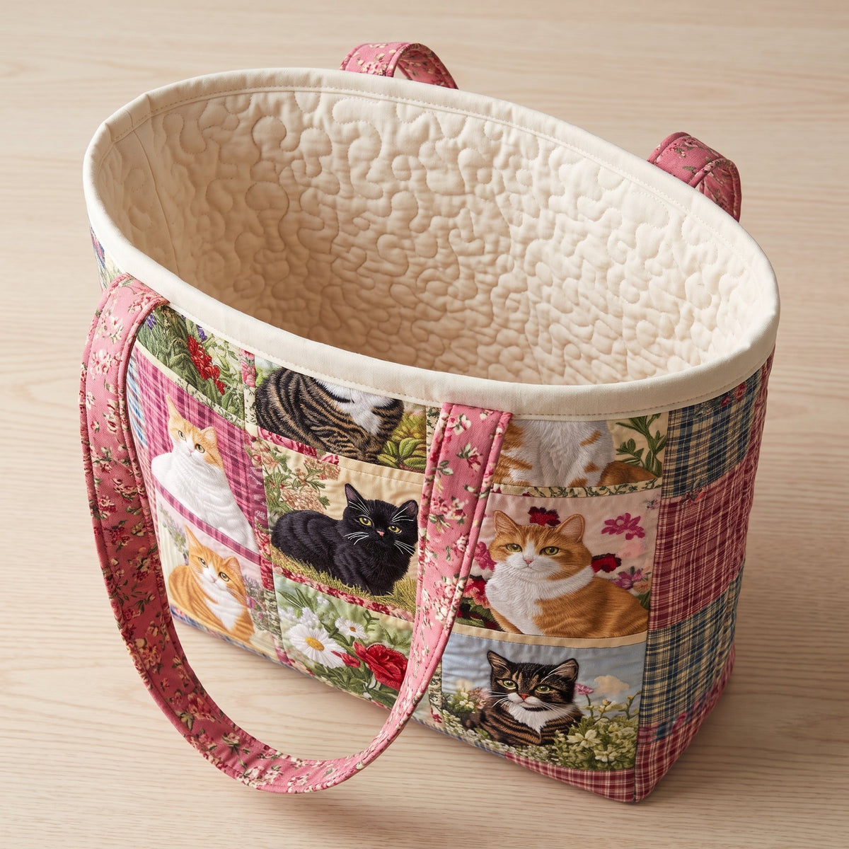 Sunflower Cat Quilted Tote Bag — open, showing the plain cream quilted lining