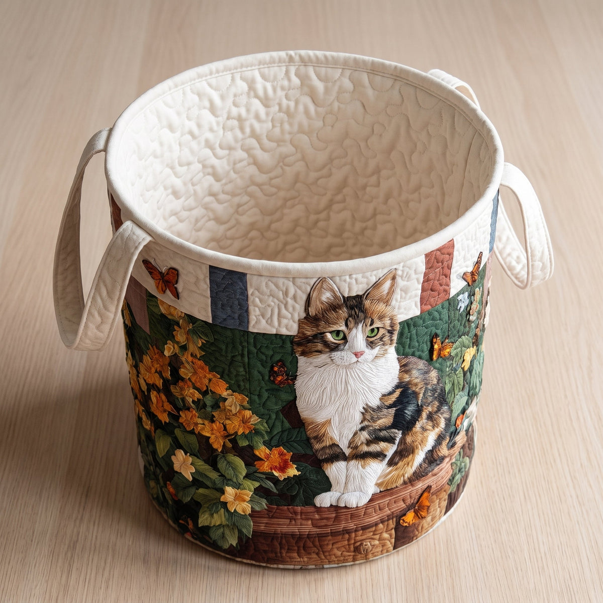 Quilted Laundry Basket - Cat Among the Petals — open, showing the plain cream quilted lining