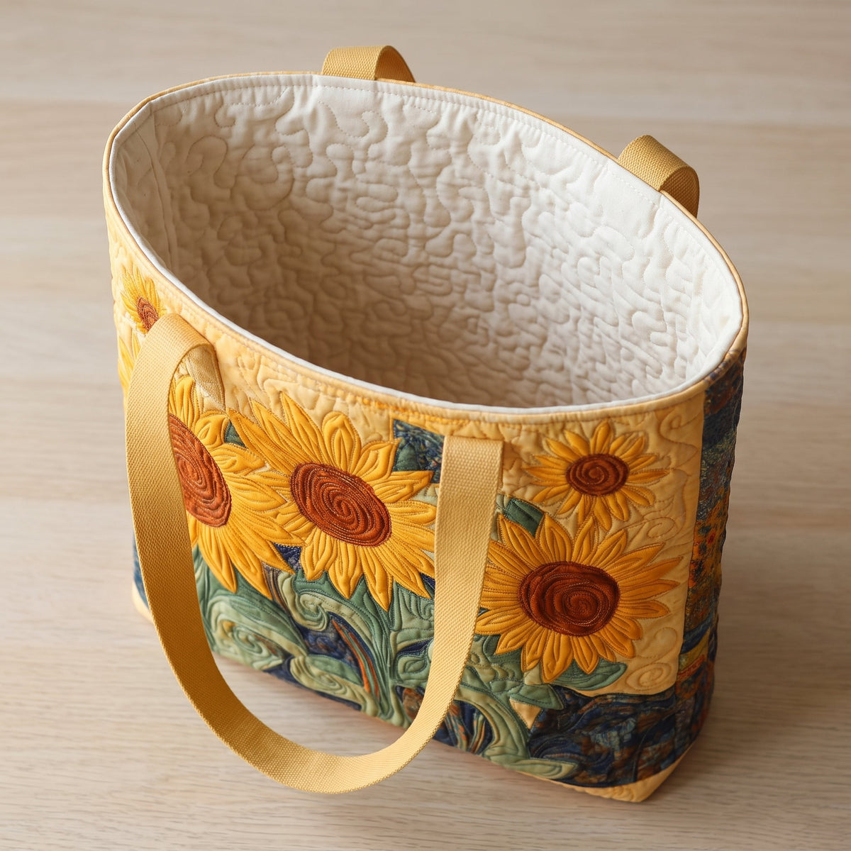 Sunny Field Quilted Tote Bag — open, showing the plain cream quilted lining