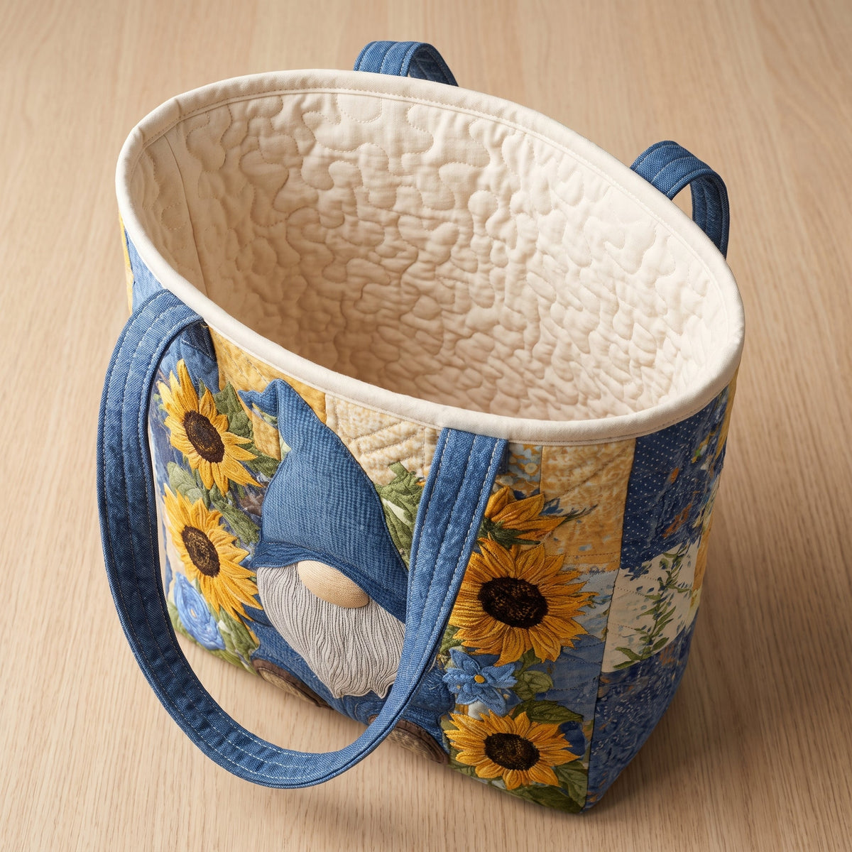 Sunflower Gnome Quilted Tote Bag — open, showing the plain cream quilted lining