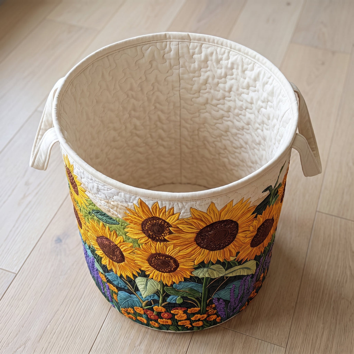 Quilted Laundry Basket - Sunflowers — open, showing the plain cream quilted lining