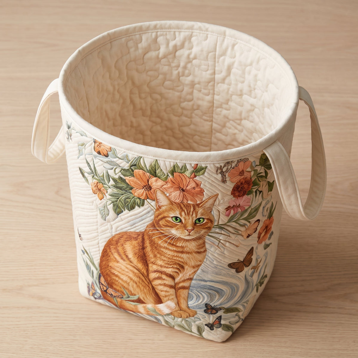 Quilted Laundry Basket - Warm Yellow — open, showing the plain cream quilted lining
