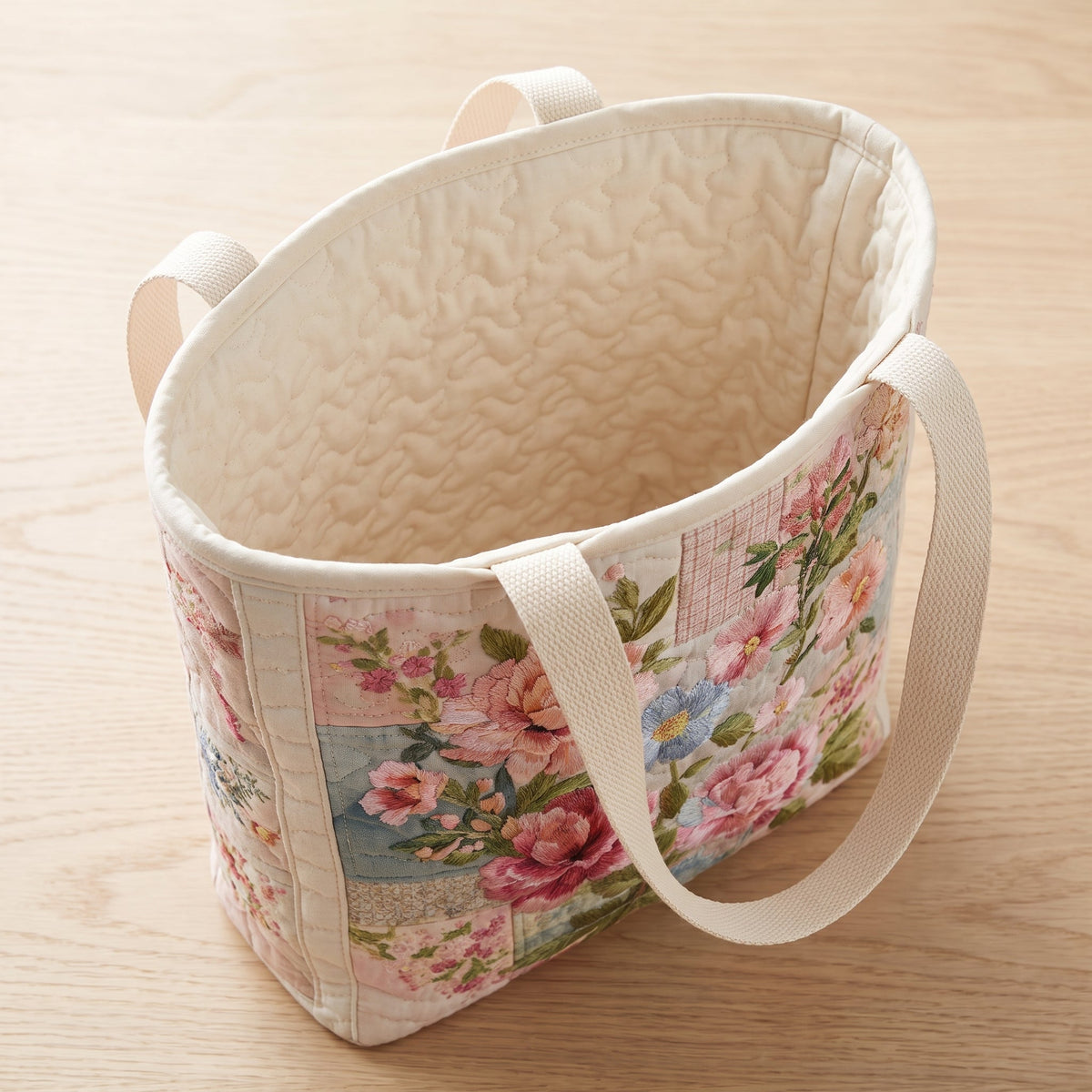 Blooming Flower Quilted Tote Bag — open, showing the plain cream quilted lining