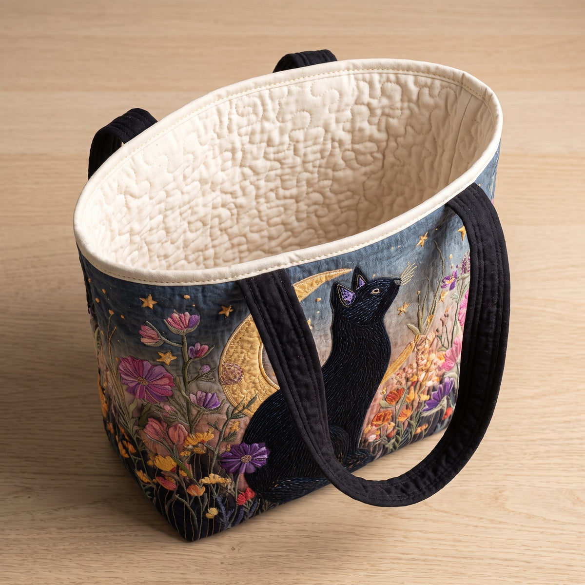 Blossom Night Cat Quilted Tote Bag — open, showing the plain cream quilted lining