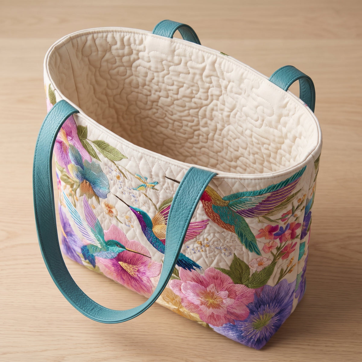 Hummingbird Garden Bloom Quilted Tote Bag — open, showing the plain cream quilted lining
