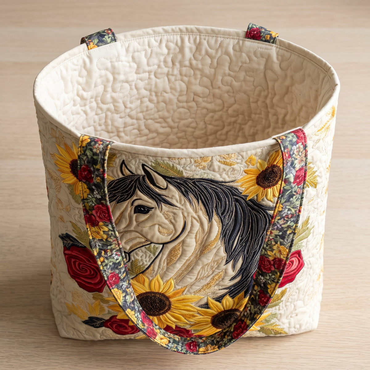 Wild Horse Quilted Tote Bag — open, showing the plain cream quilted lining