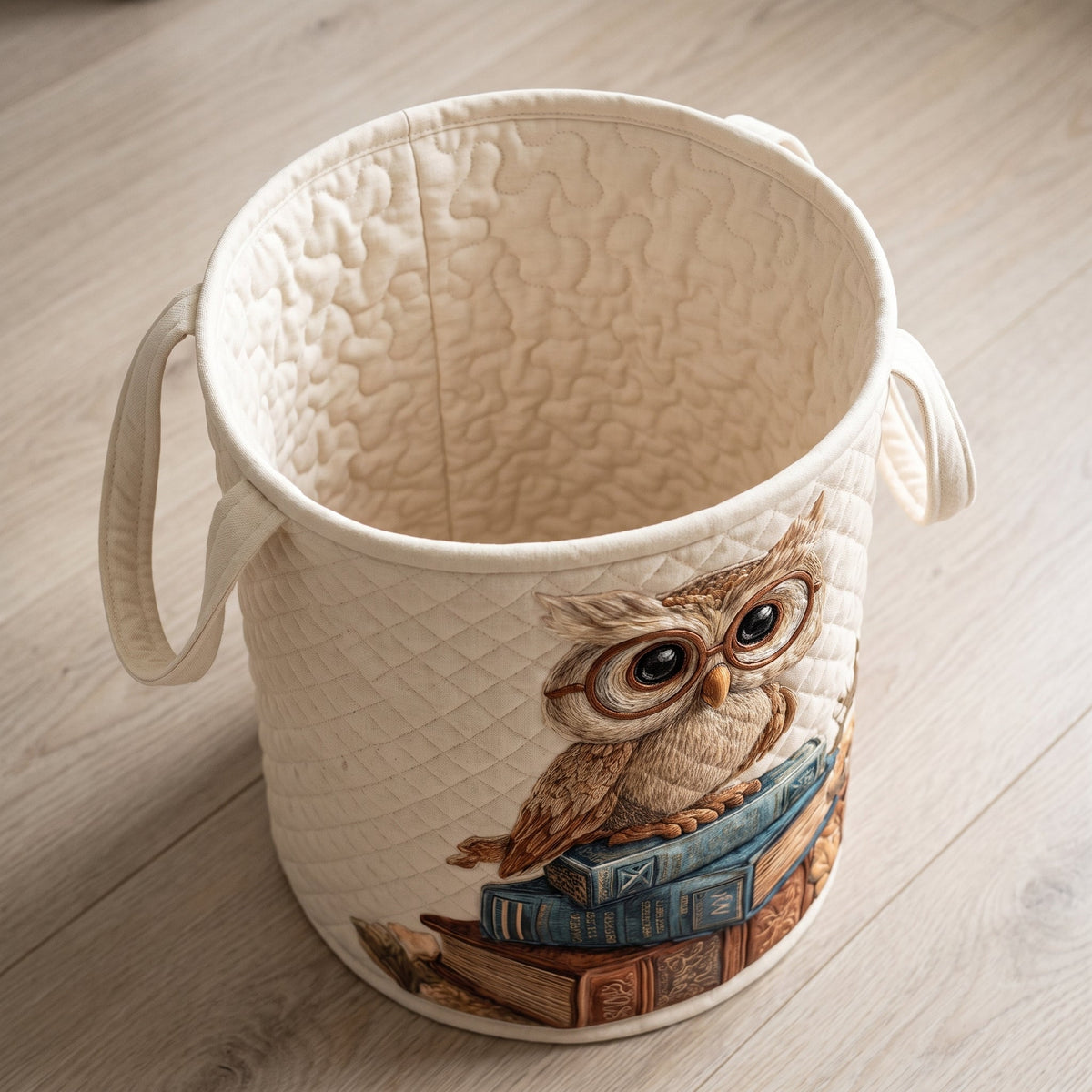 Quilted Laundry Basket - Owl — open, showing the plain cream quilted lining