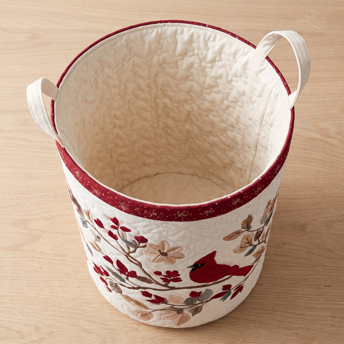Quilted Laundry Basket - Carmine Leaves — open, showing the plain cream quilted lining