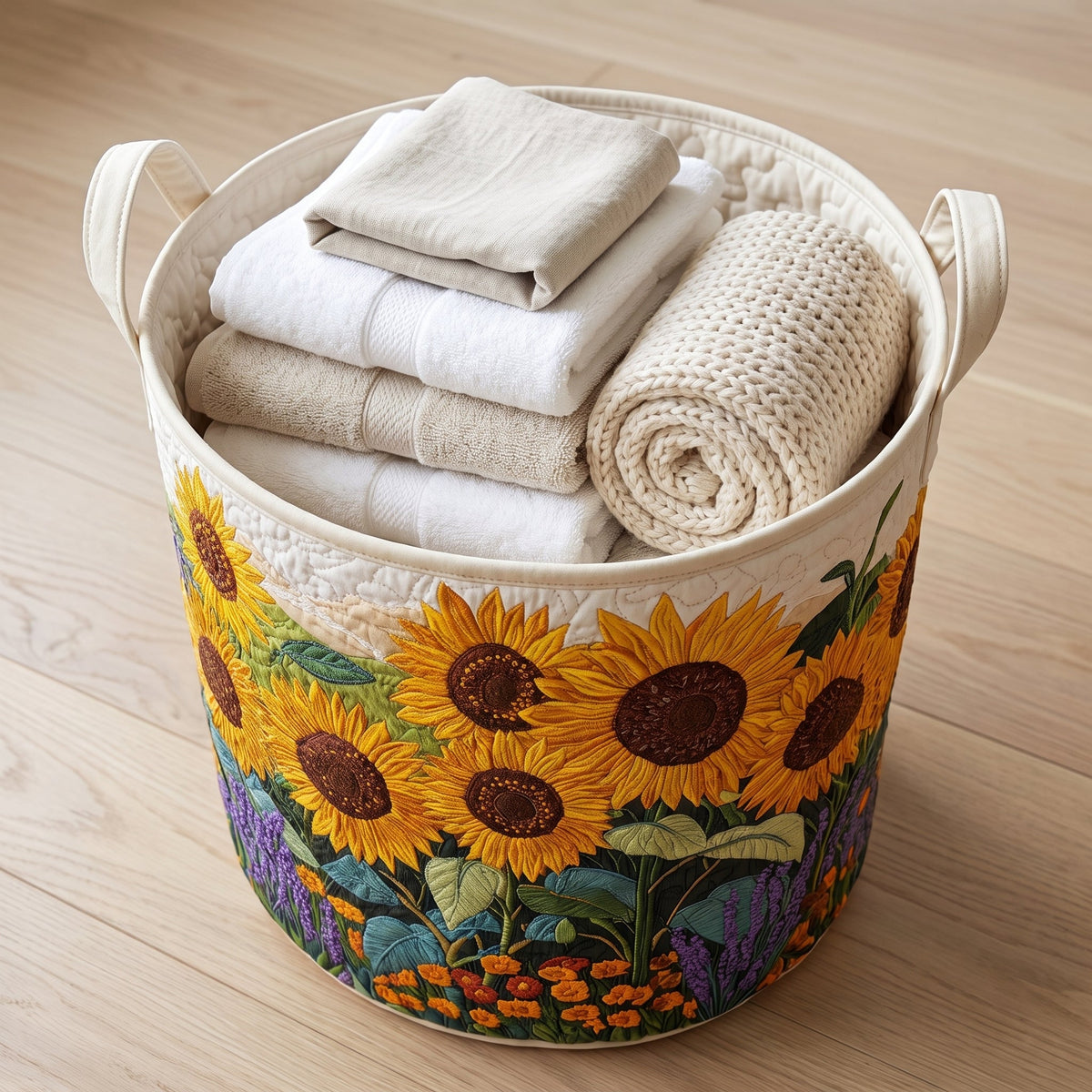Quilted Laundry Basket - Sunflowers — filled with folded towels and laundry