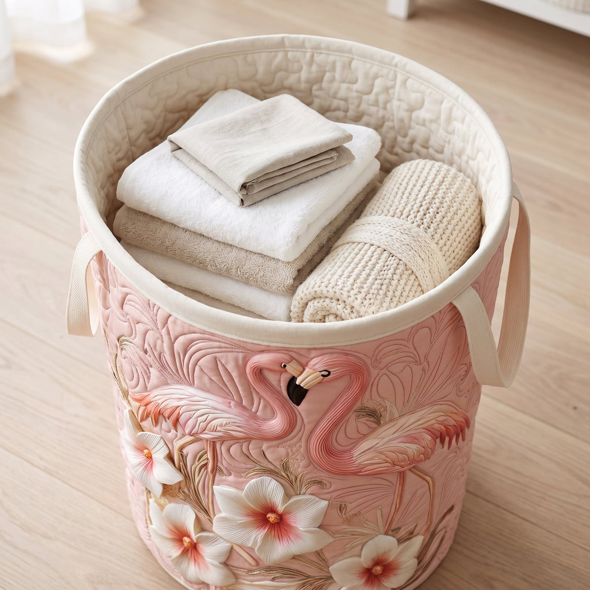 Quilted Laundry Basket - Floral Flamingo — filled with folded towels and laundry