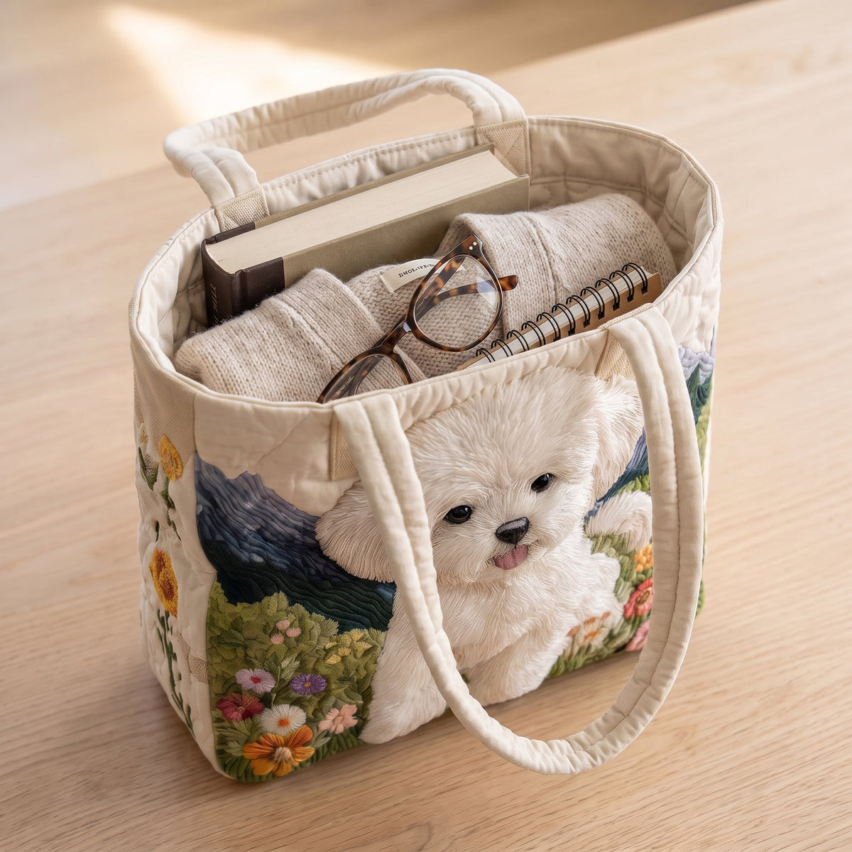 Artisan Quilted Bag - Enchanted Dog — packed with a hardback book, a folded cardigan and reading glasses