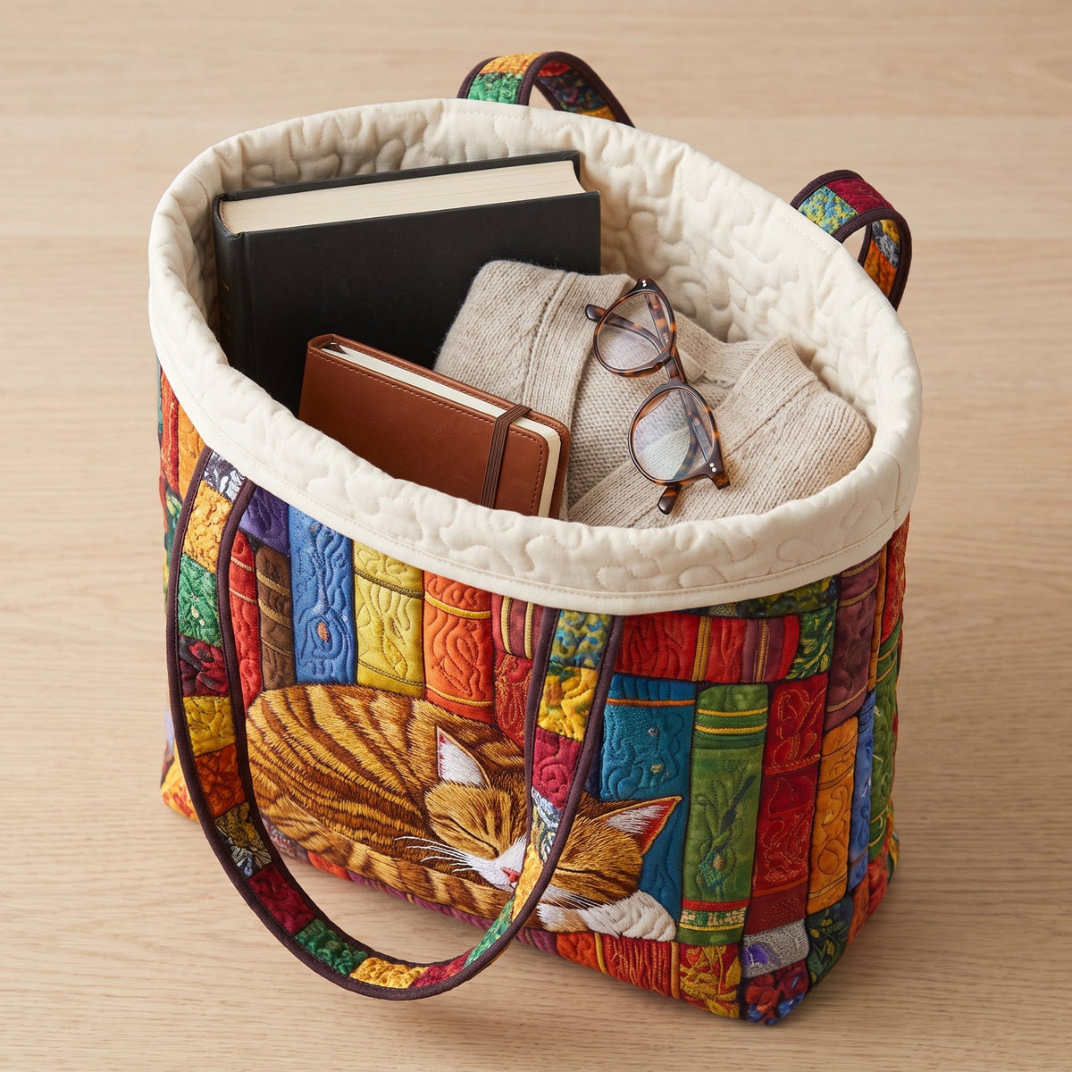 Vintage Library Cat Quilted Tote Bag — packed with a hardback book, a folded cardigan and reading glasses
