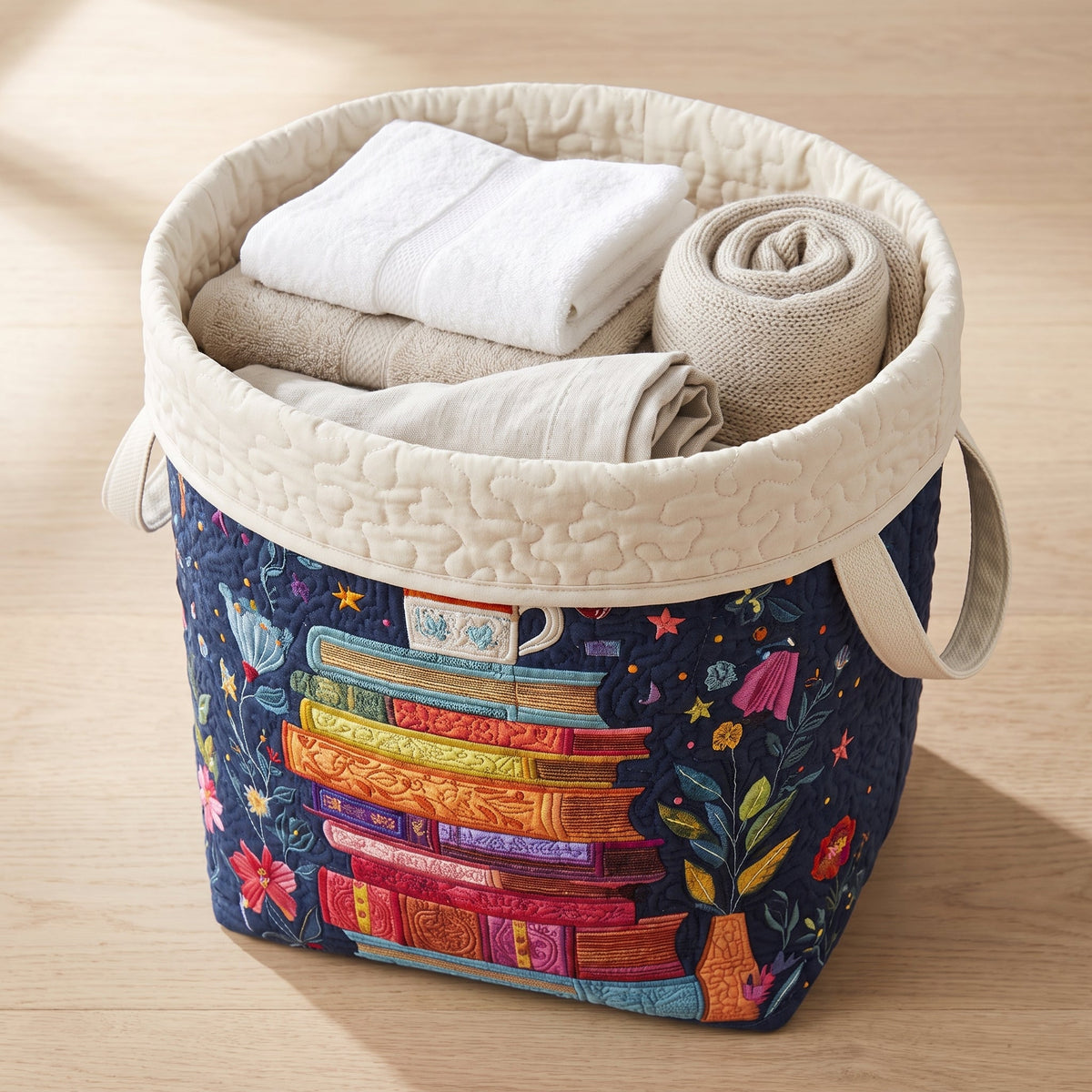 Quilted Laundry Basket - Dreamy Pages — filled with folded towels and laundry