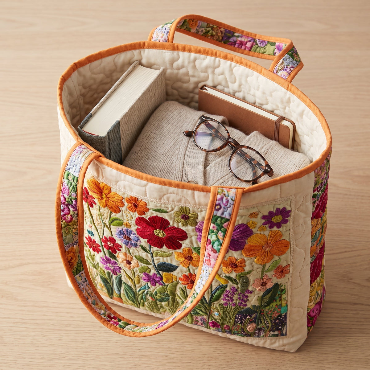 Blooming Garden Quilted Tote Bag — packed with a hardback book, a folded cardigan and reading glasses