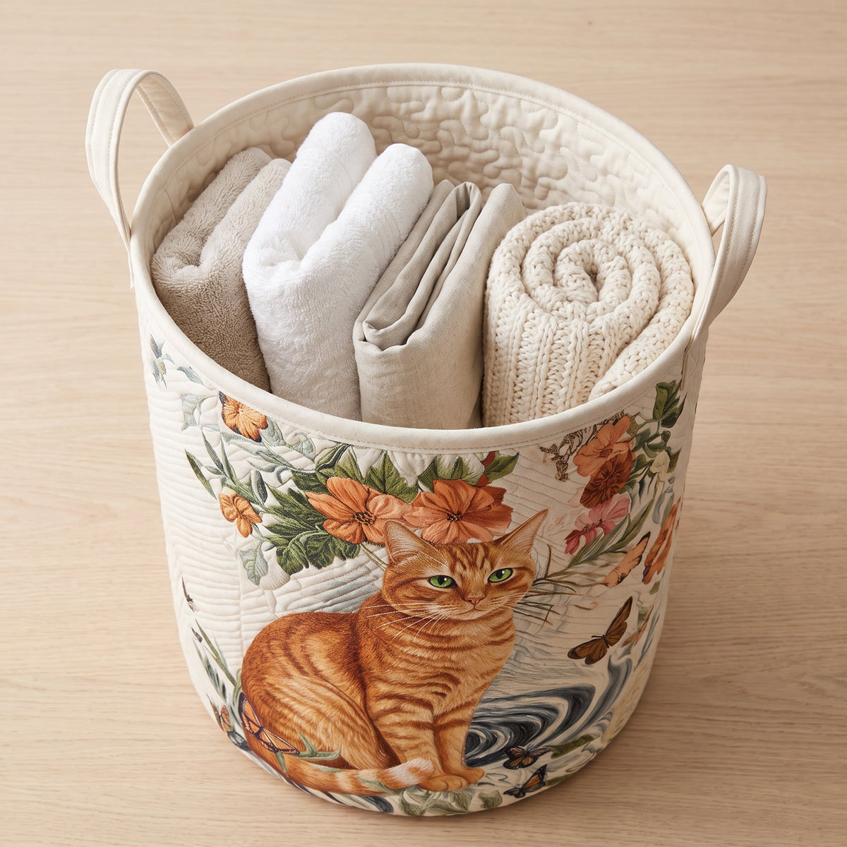 Quilted Laundry Basket - Warm Yellow — filled with folded towels and laundry