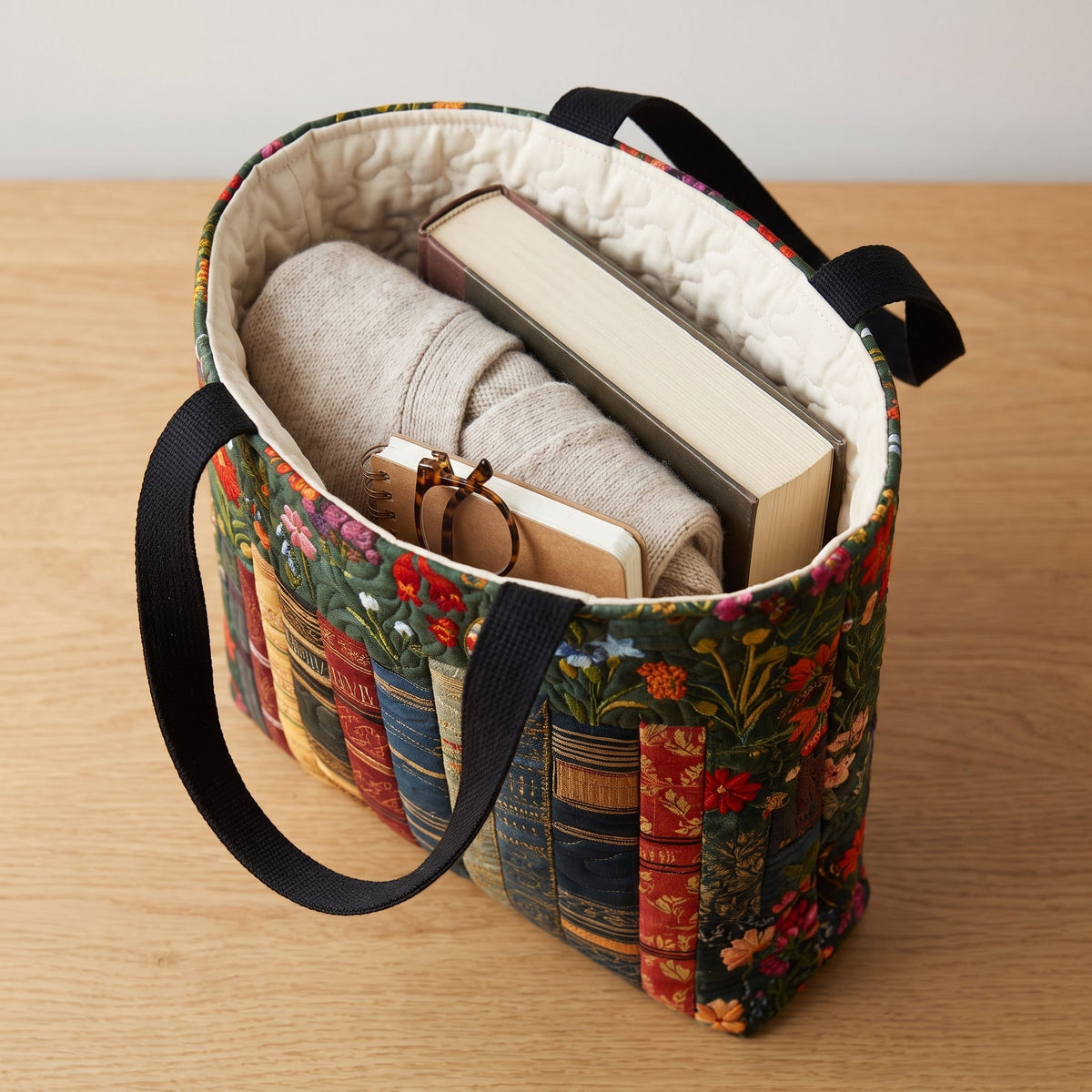 Love Books Quilted Tote Bag — packed with a hardback book, a folded cardigan and reading glasses