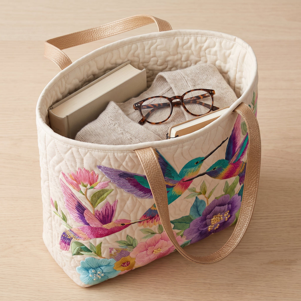 Hummingbird Flower Garden Quilted Tote Bag — packed with a hardback book, a folded cardigan and reading glasses