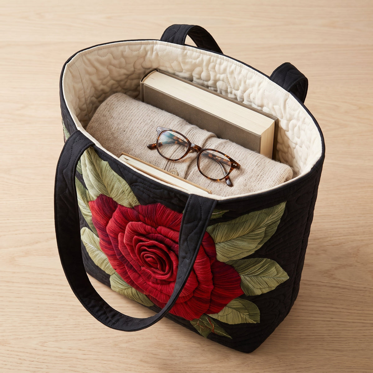 Elegant Rose Quilted Tote Bag — packed with a hardback book, a folded cardigan and reading glasses