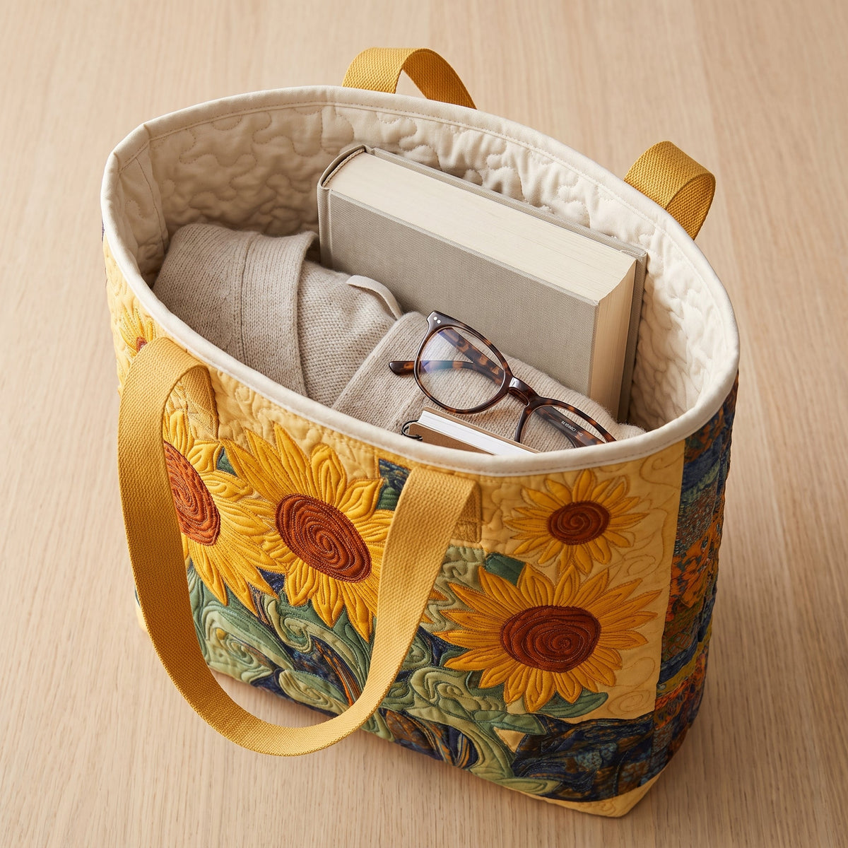 Sunny Field Quilted Tote Bag — packed with a hardback book, a folded cardigan and reading glasses
