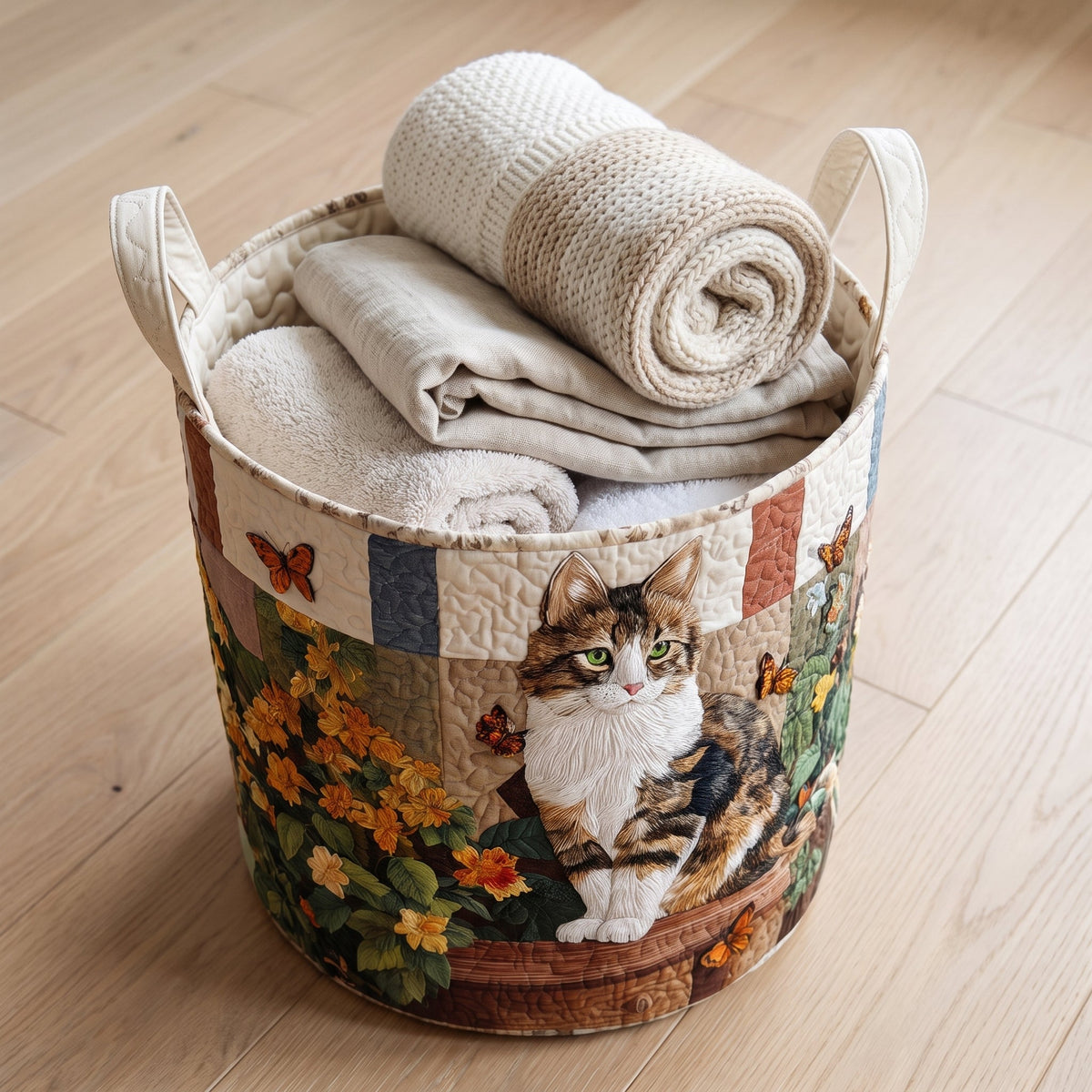 Quilted Laundry Basket - Cat Among the Petals — filled with folded towels and laundry