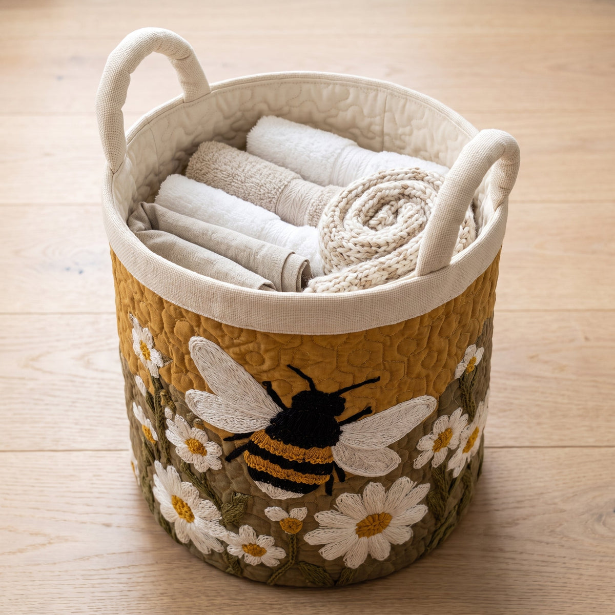 Quilted Laundry Basket - Daisy & Bee — filled with folded towels and laundry