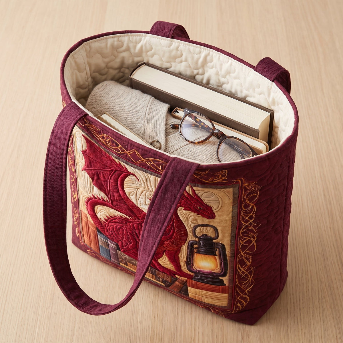 Book Guardian Quilted Tote Bag — packed with a hardback book, a folded cardigan and reading glasses