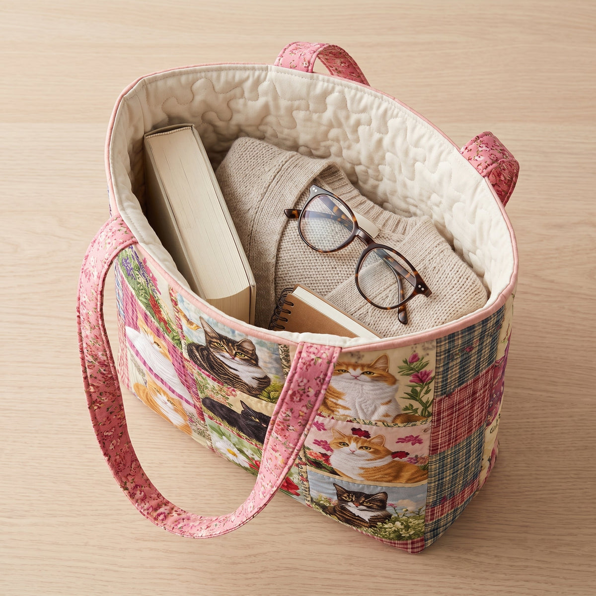 Sunflower Cat Quilted Tote Bag — packed with a hardback book, a folded cardigan and reading glasses