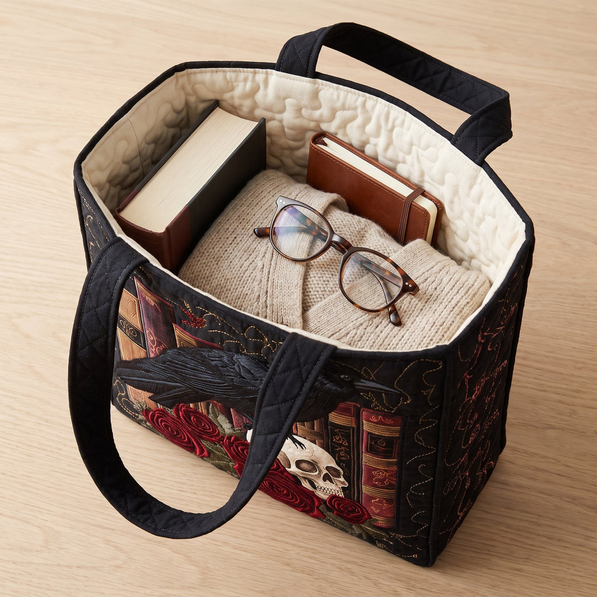 Mystic Raven Book Quilted Tote Bag — packed with a hardback book, a folded cardigan and reading glasses