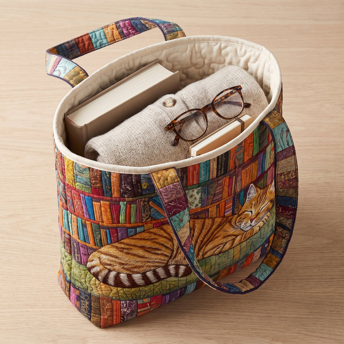 Bookish Cat Nap Quilted Tote Bag — packed with a hardback book, a folded cardigan and reading glasses