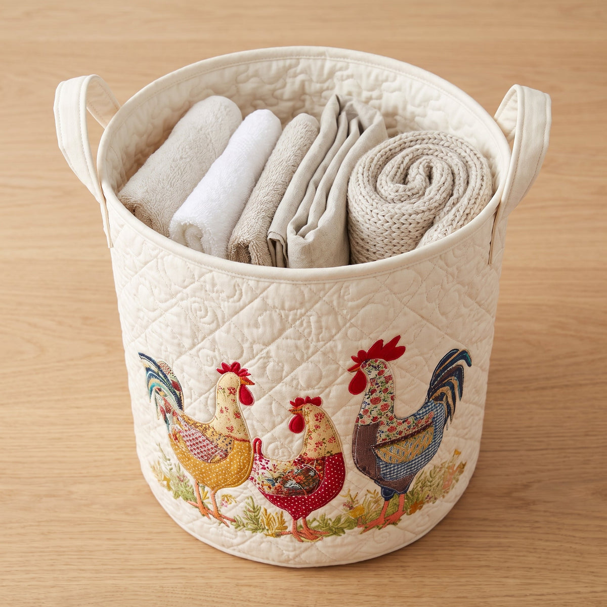 Quilted Laundry Basket - Cheerful Chicken Coop — filled with folded towels and laundry