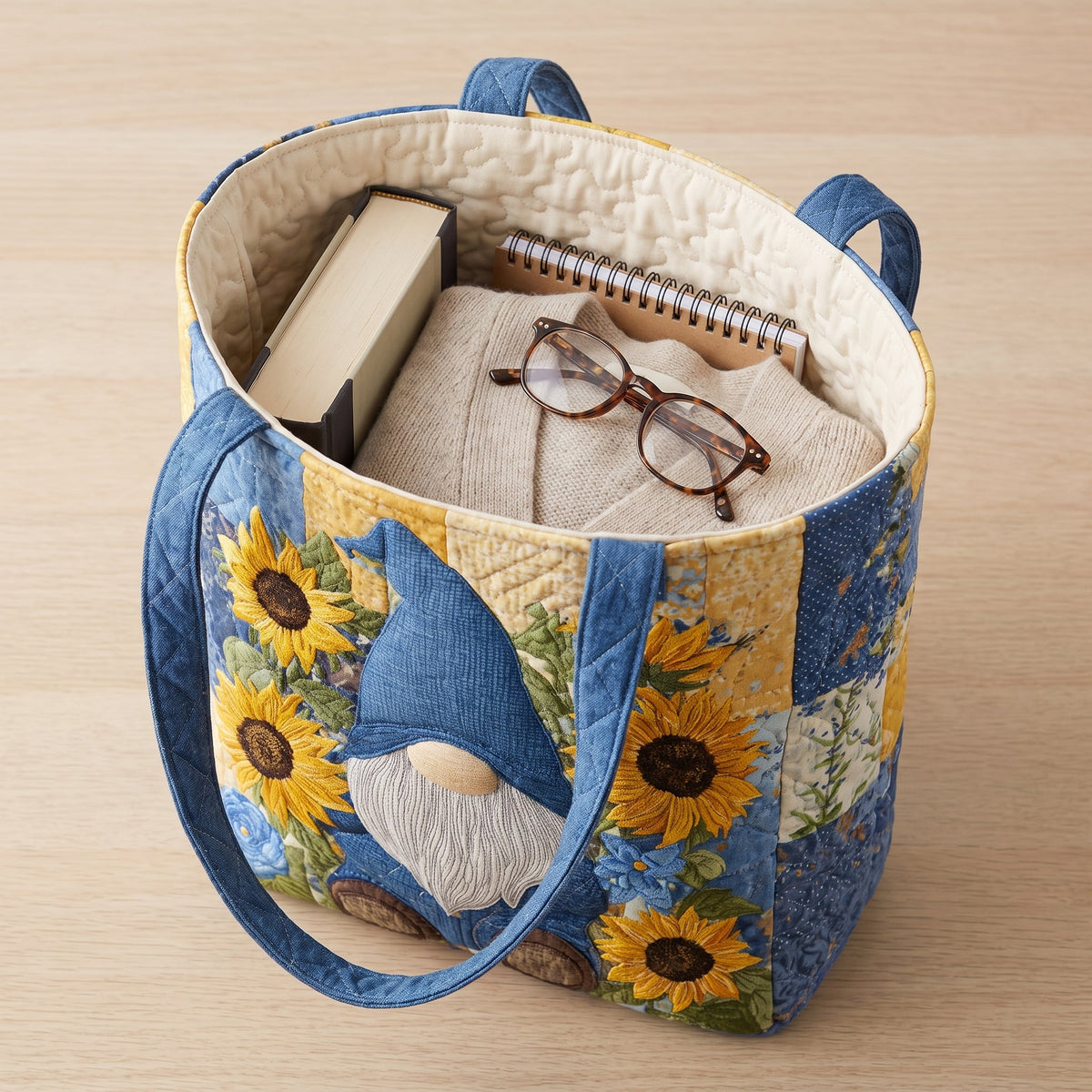 Sunflower Gnome Quilted Tote Bag — packed with a hardback book, a folded cardigan and reading glasses