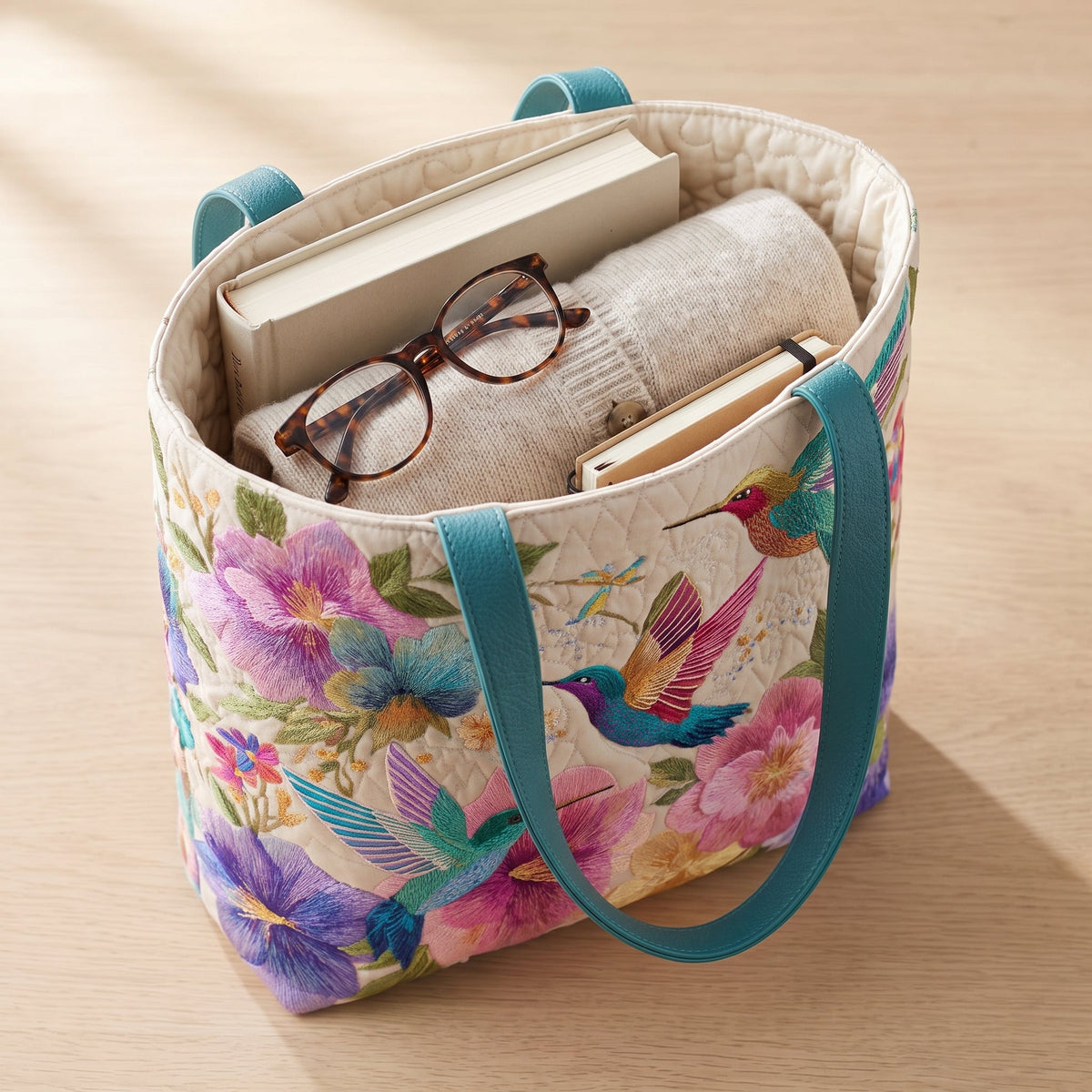 Hummingbird Garden Bloom Quilted Tote Bag — packed with a hardback book, a folded cardigan and reading glasses